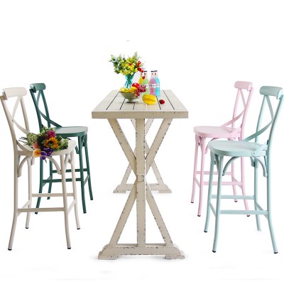 Retro Rustic Multifunctional Metal Aluminum Material Dining Crossback Bar Stool X Back High Chair For Garden Kitchen Counter