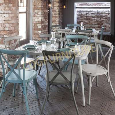 Metal Banquet Chairs Diner Antique Furniture Sets Coffee High Quality Garden Blue Vintage Stackable Cross Back Coffee Chair